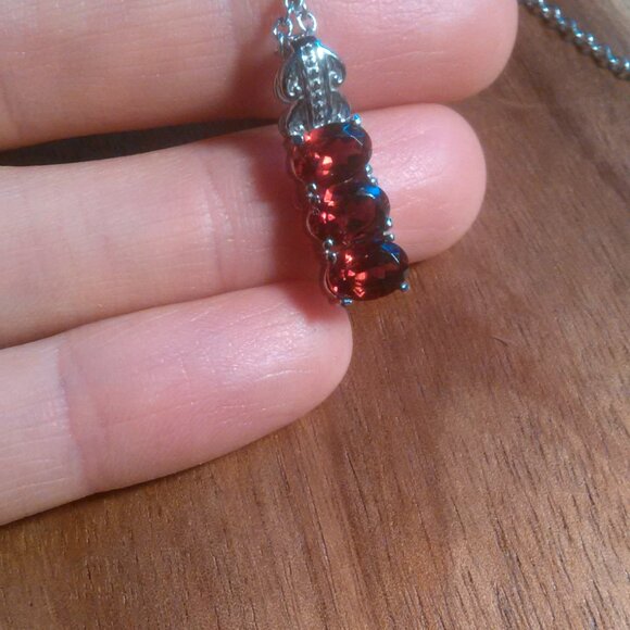 Mozambique Garnet Three Stone Stainless Steel Pendant Necklace - Picture 2 of 12